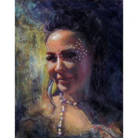 Beautiful woman with a lovely smile and jewels around her eyes attending a jazzy street fair. She has dark, raven-colored hair and has a smoky mist surrounding her face and is wearing jewels that sparkle on her neck.