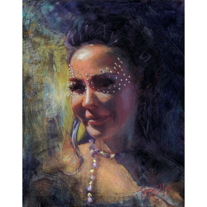 Beautiful woman with a lovely smile and jewels around her eyes attending a jazzy street fair. She has dark, raven-colored hair and has a smoky mist surrounding her face and is wearing jewels that sparkle on her neck.