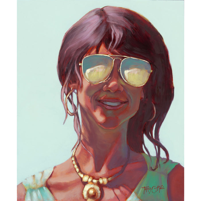 Oil painting of a pretty woman with a sunny smile, wearing a turquoise top and a bright gold necklace, featured wearing aviator sunglasses.