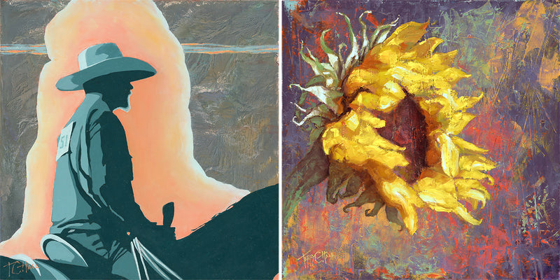 Painting of cowboy in muted colors alongside painting of brightly colored sunflower