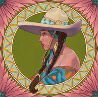 portrait of a beautiful Mexican woman with her hair in long braids hanging down over the circle of wheat and flowers that she's featured in, like a Mucha painting