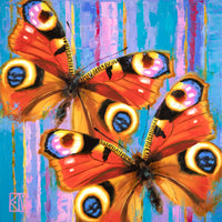 PETITE ORIGINAL: Oil<br>"Peacock Butterflies" by Krystii Melaine, 12" x 12" on cradled panel