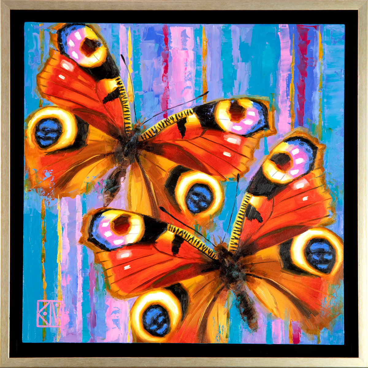 PETITE ORIGINAL: Oil<br>"Peacock Butterflies" by Krystii Melaine, 12" x 12" on cradled panel