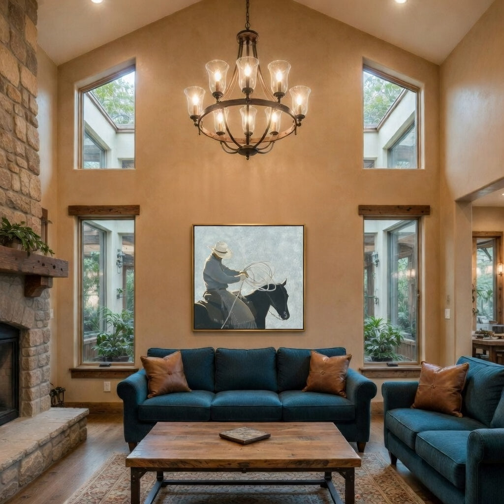 Living room with blue couch, wooden coffee table, and large windows. Hanging on the wall between the windows is a large-scale print of a modern west cowboy.
