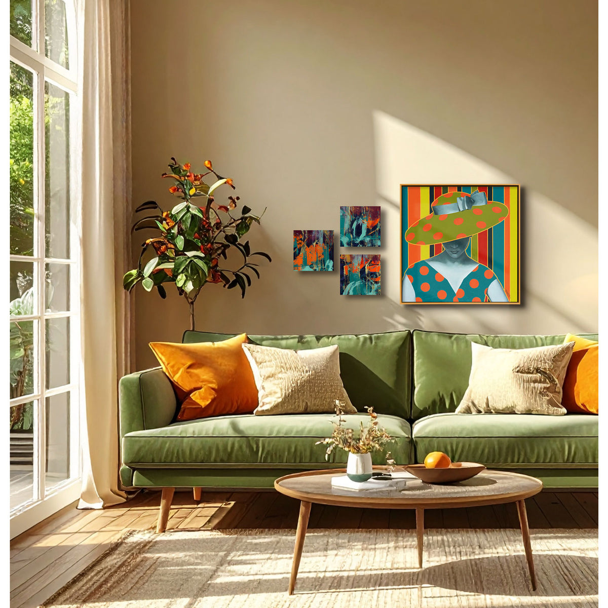 Living room with a green sofa, colorful artwork, and decorative items. Mid Century-style portrait of a model with a polka dot hat and a striped background.