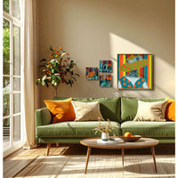 Living room with a green sofa, colorful artwork, and decorative items. Mid Century-style portrait of a model with a polka dot hat and a striped background.