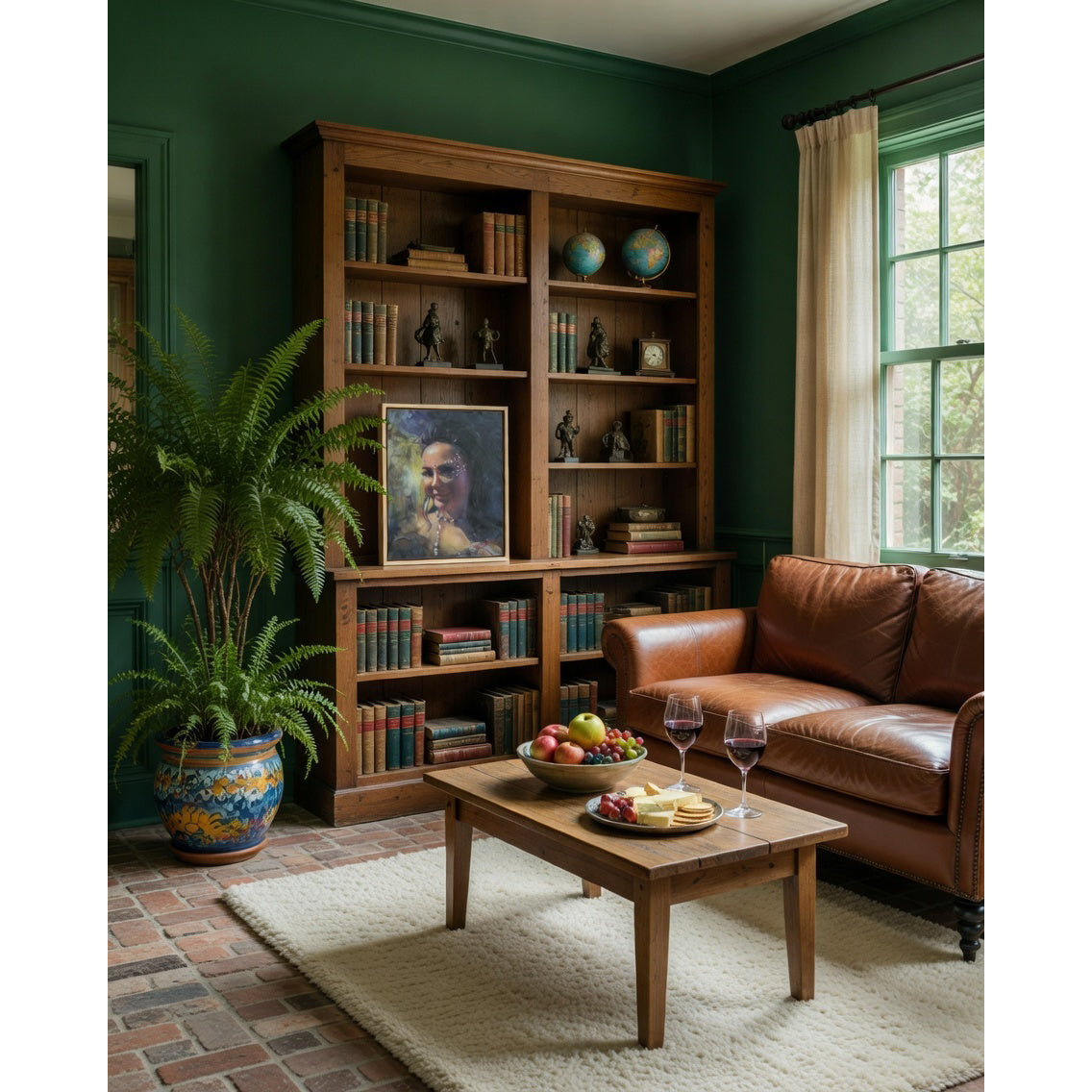 Living room with wooden bookshelf, brown leather sofa, and coffee table with fruit and wine glasses. A portrait of a beautiful woman with jewels around her eyes.