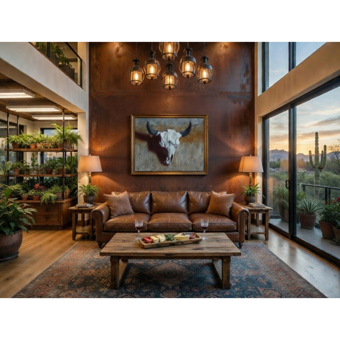 rustic living room with rusty metal walls and a leather sofa with a bison painting on the wall above the sofa.