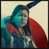 Framed oil painting of "Ancient Medicine", an American Indian Crow Medicine Man with teal shadows and striped face wearing traditional regalia under a red sun