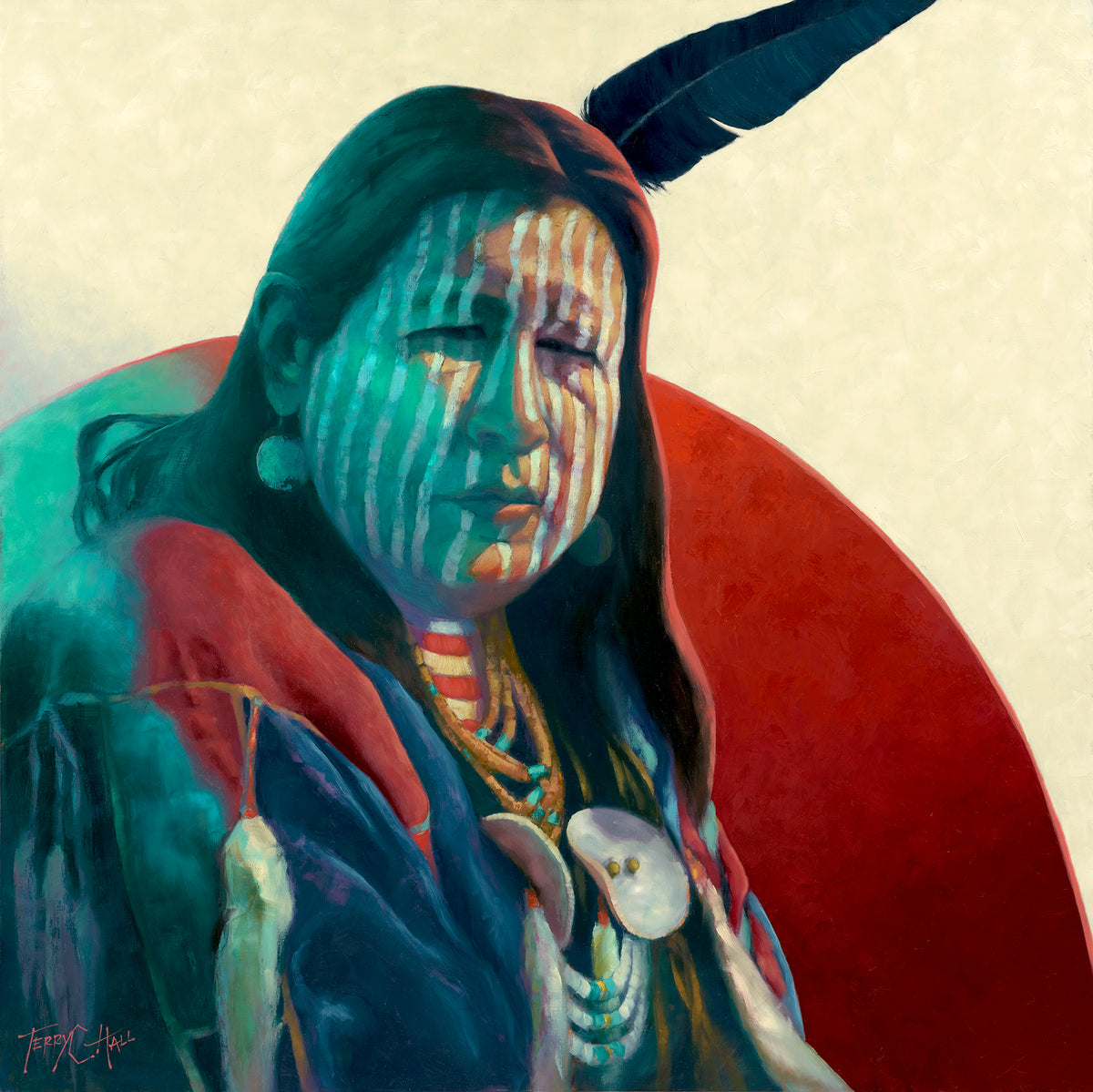 Painting of American Indian Crow Medicine Man with teal shadows and striped face wearing traditional regalia under a red sun