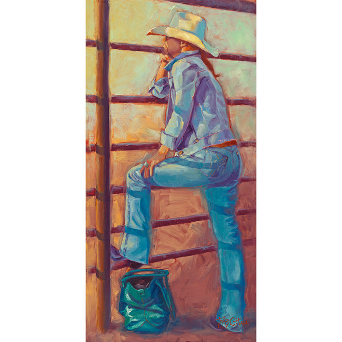 woman in jeans and high-heeled boots attending a local cowboy event. She is watching intently from the arena bars, not paying attention to anything else but the action in the arena. She's wearing a cowboy hat and her red ponytail is trailing under it. Her appearance is very bold and assured, and also very attractive.