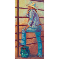 woman in jeans and high-heeled boots attending a local cowboy event. She is watching intently from the arena bars, not paying attention to anything else but the action in the arena. She's wearing a cowboy hat and her red ponytail is trailing under it. Her appearance is very bold and assured, and also very attractive.