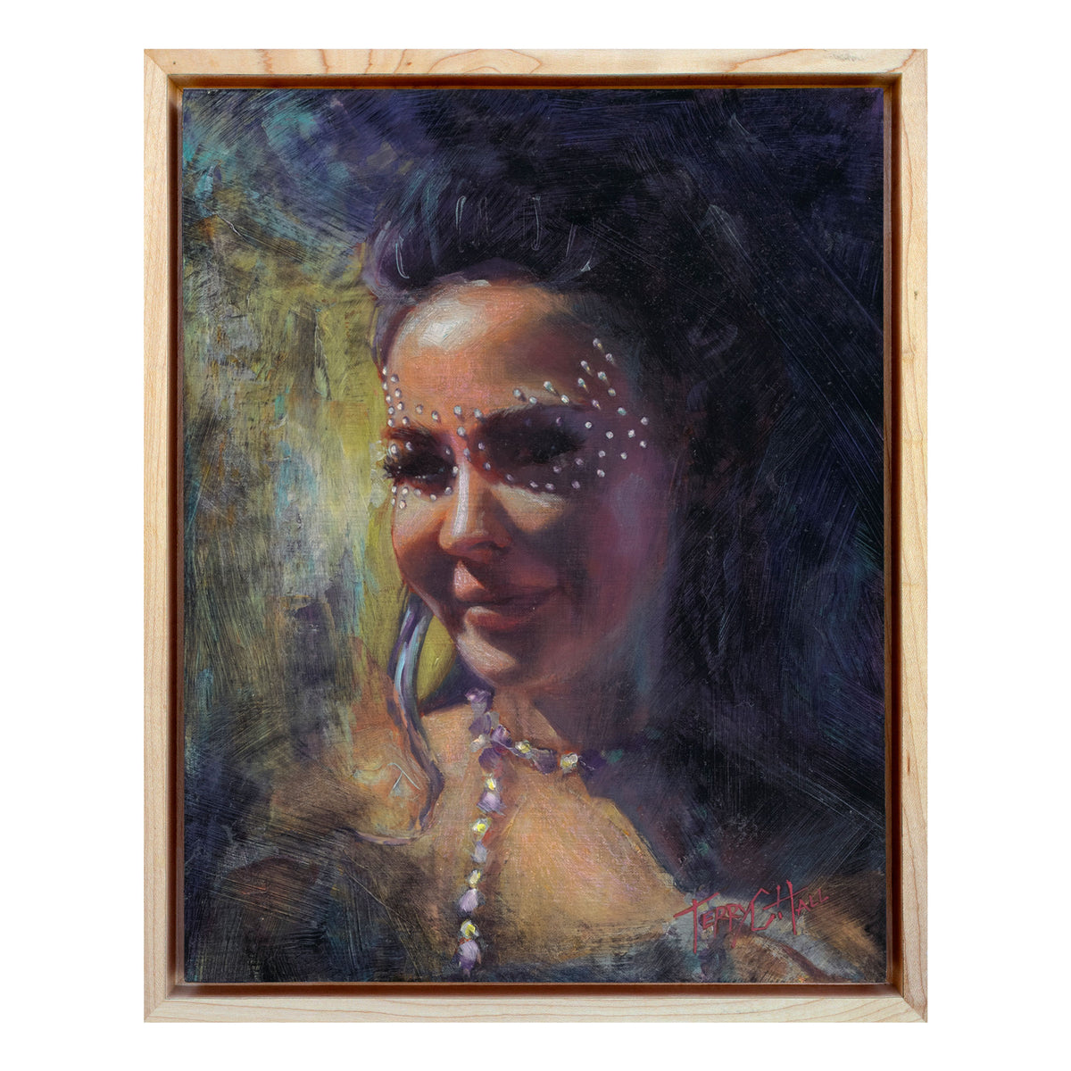 Beautiful woman with a lovely smile and jewels around her eyes attending a jazzy street fair. She has dark, raven-colored hair and has a smoky mist surrounding her face and is wearing jewels that sparkle on her neck. She is framed with a maple floater frame.