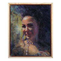 Beautiful woman with a lovely smile and jewels around her eyes attending a jazzy street fair. She has dark, raven-colored hair and has a smoky mist surrounding her face and is wearing jewels that sparkle on her neck. She is framed with a maple floater frame.