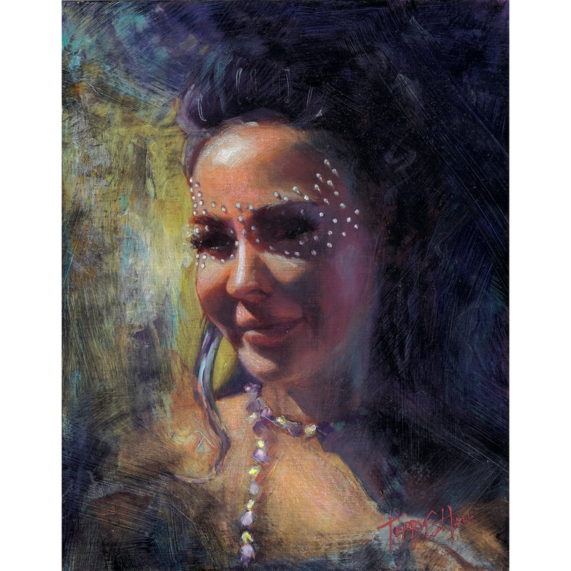 Beautiful woman with a lovely smile and jewels around her eyes attending a jazzy street fair. She has dark, raven-colored hair and has a smoky mist surrounding her face and is wearing jewels that sparkle on her neck.