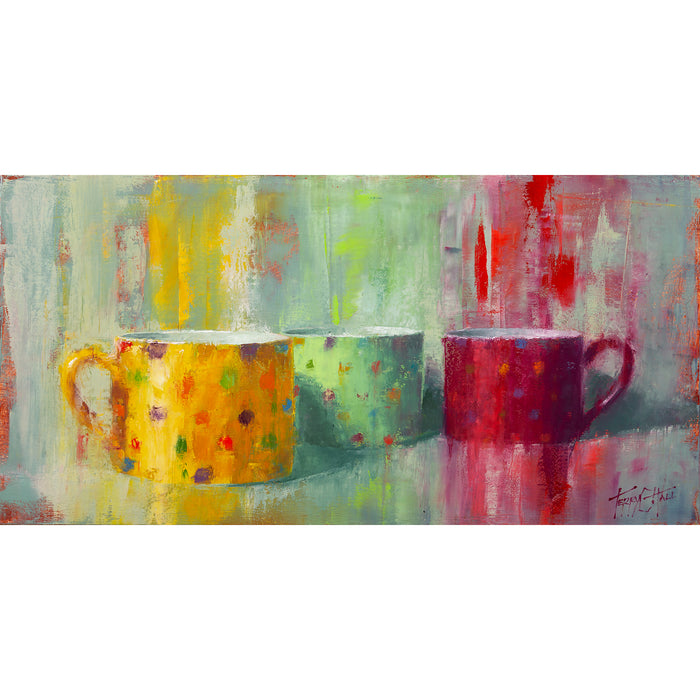 Three colorful polka dot coffee cups are staged on an imaginary surface with bright colors pulled through the cups as if they are reflections around the cups.
